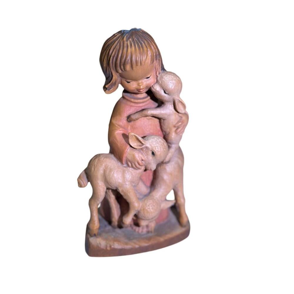 Vintage Messmer Emmerich Wooden Carved Figurine Girl Lambs 1976 Signed